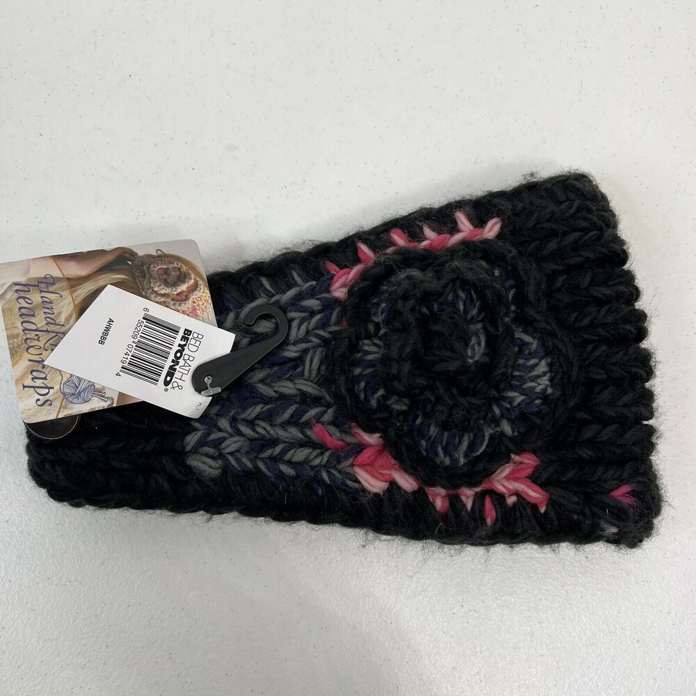 Crochet Hand Knit Headwrap Flower Accent Knit Black Pink Button Close Adjustable - Picture 6 of 9